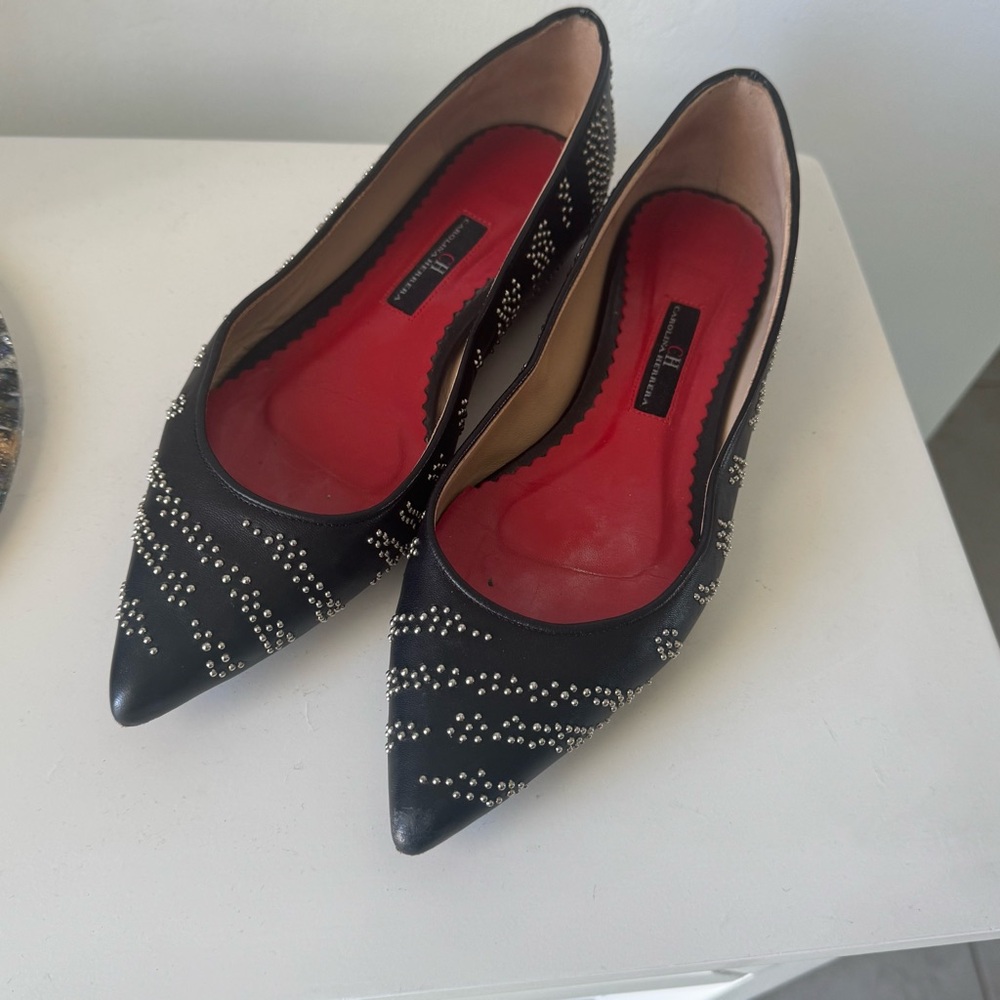 Carolina Herrera Black and Red Flats with Typographic Design